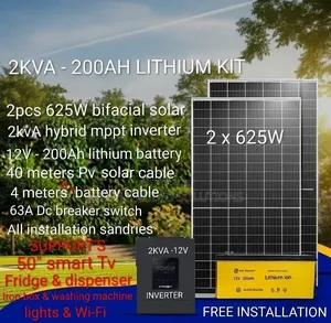 2kva Offgrid System - 200ah Lithium Battery - (2)625w Solar Panels Kit