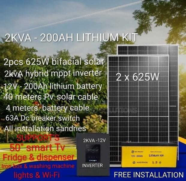 2kva Offgrid System - 200ah Lithium Battery - (2)625w Solar Panels Kit