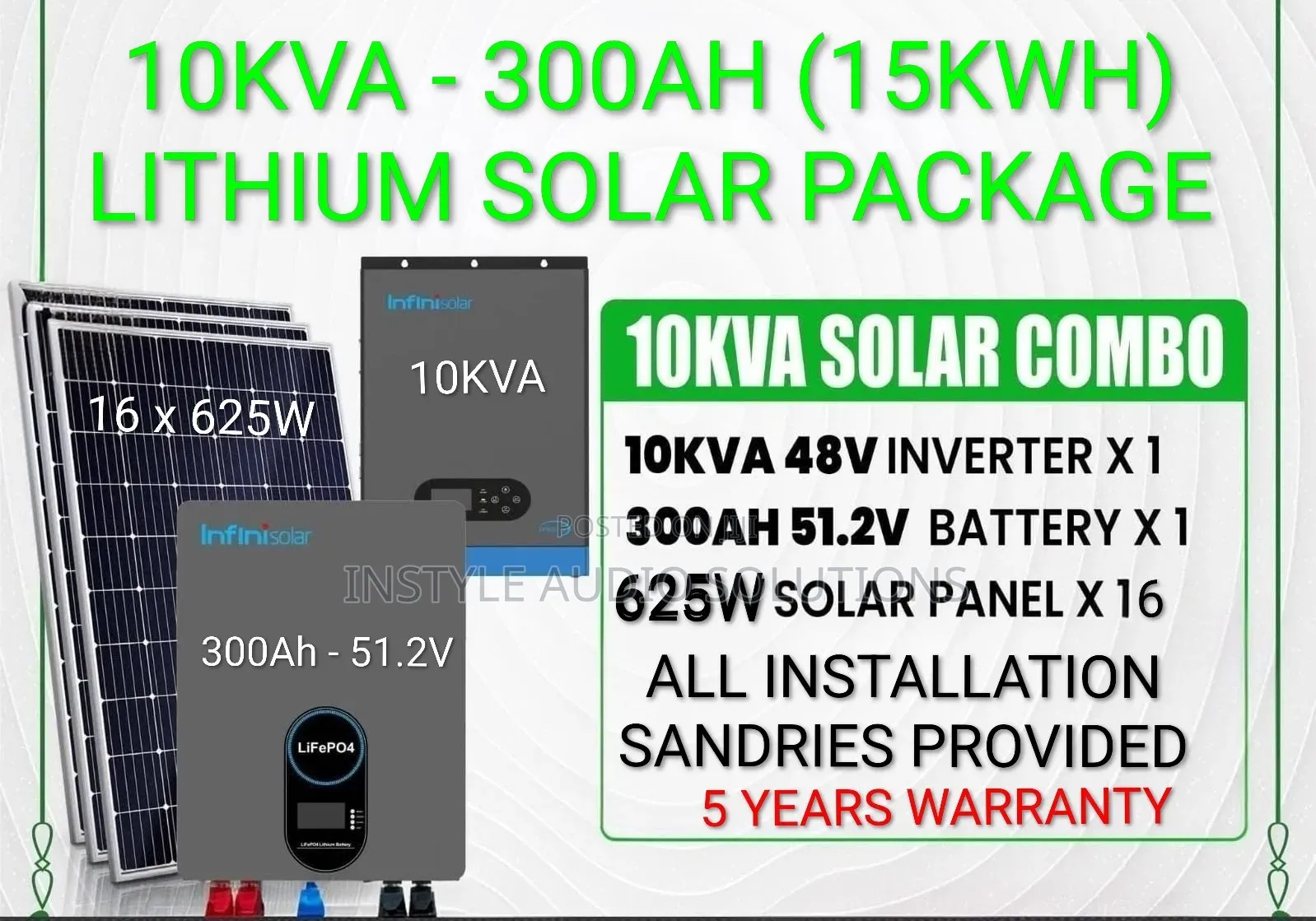 10kva Offgrid System - 15.36kwh (300ah) Lithium -(16)625w Solar System