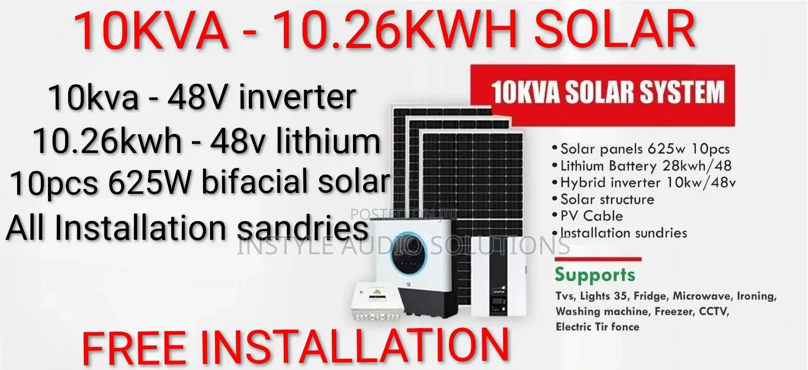 10 Kva Offgrid Solar - 10.26kwh Lithium Battery - (10)625w Solar Kit