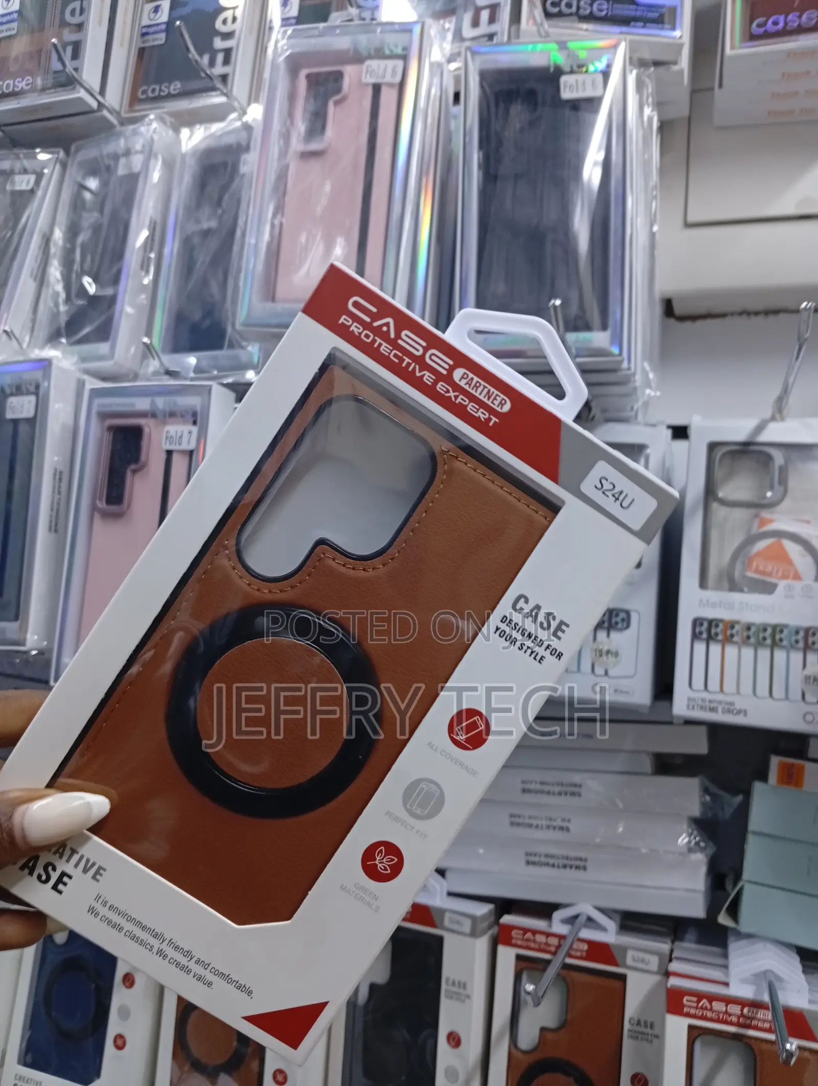 Leather Magnetic Ring Kickstand Case for Samsung Galaxy S24 Ultra.