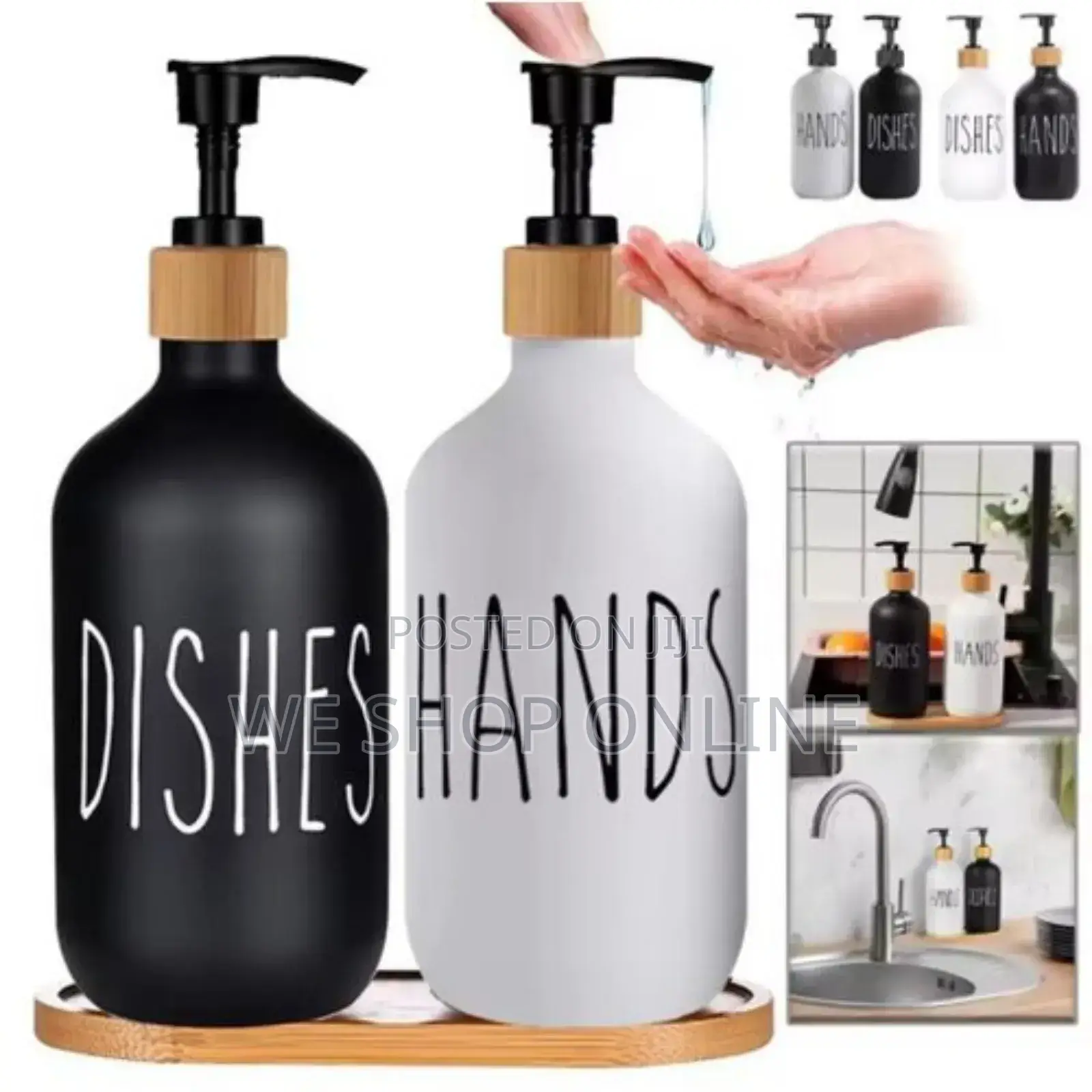 Ceramic Hand Wash and Dishes Soap Dispenser With a Bamboo Tray.