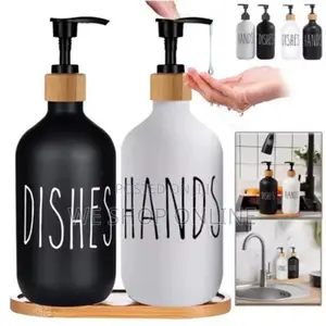 Ceramic Hand Wash and Dishes Soap Dispenser With a Bamboo Tray.