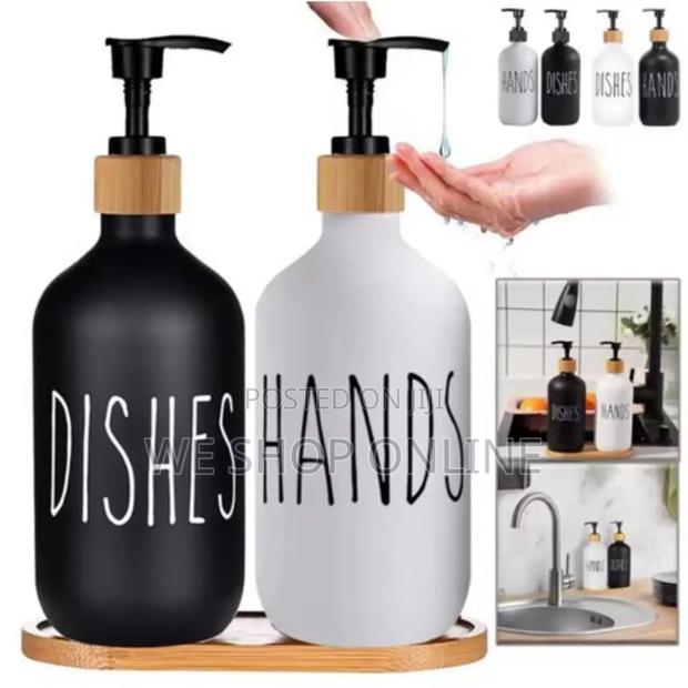 Ceramic Hand Wash and Dishes Soap Dispenser With a Bamboo Tray. - thumbnail 2