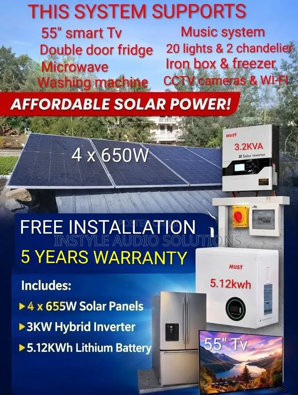 3.2kva Must Inverter - 5.12kwh Must Lithium Ion - (4)650w Solar Panels