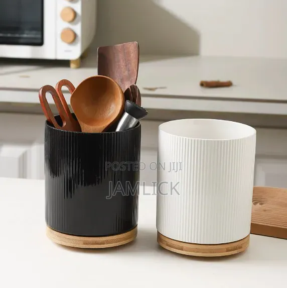 Ceramic Spoon Holder With Bamboo Base - Av