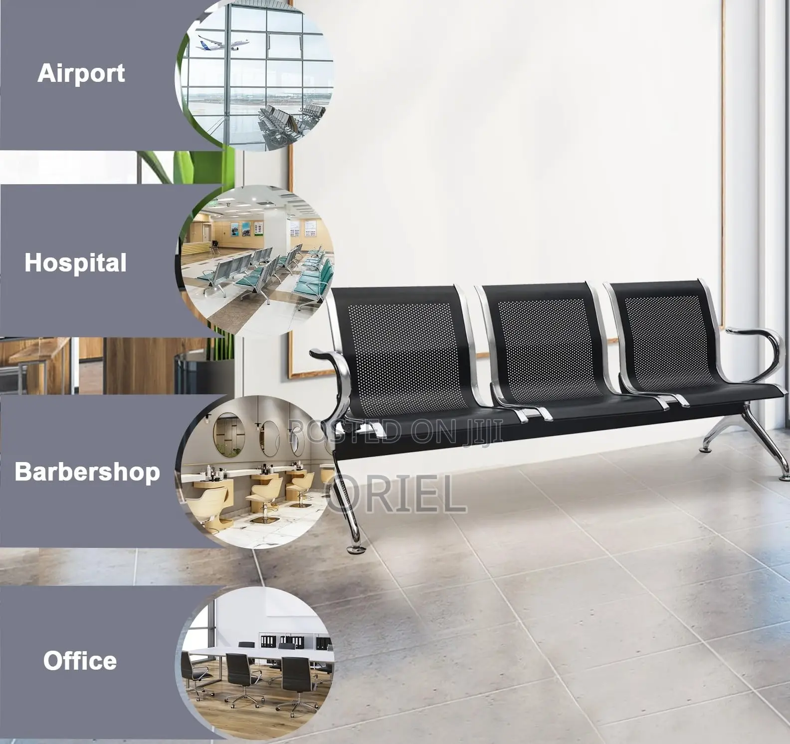 Office Bench : Office 3-Link Black Non-Padded Metallic Bench