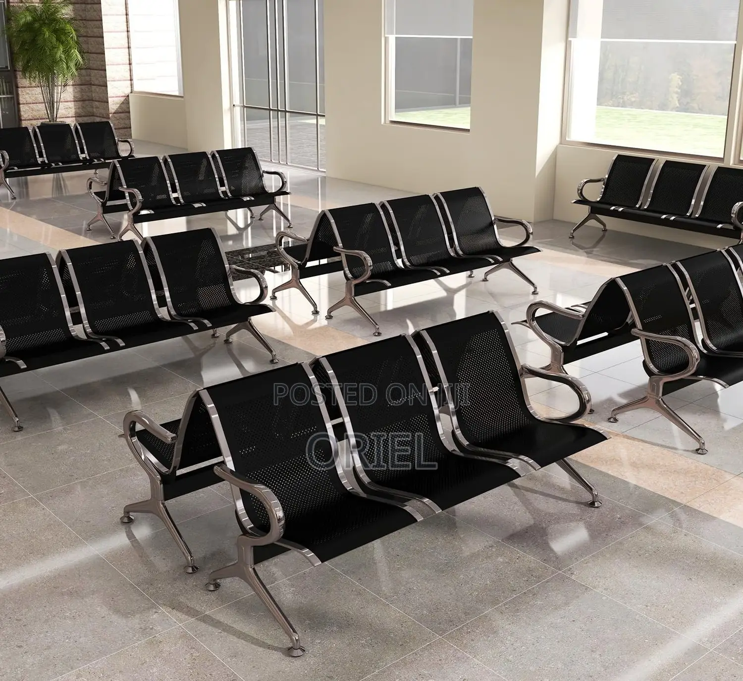 Office Bench : Office 3-Link Black Non-Padded Metallic Bench
