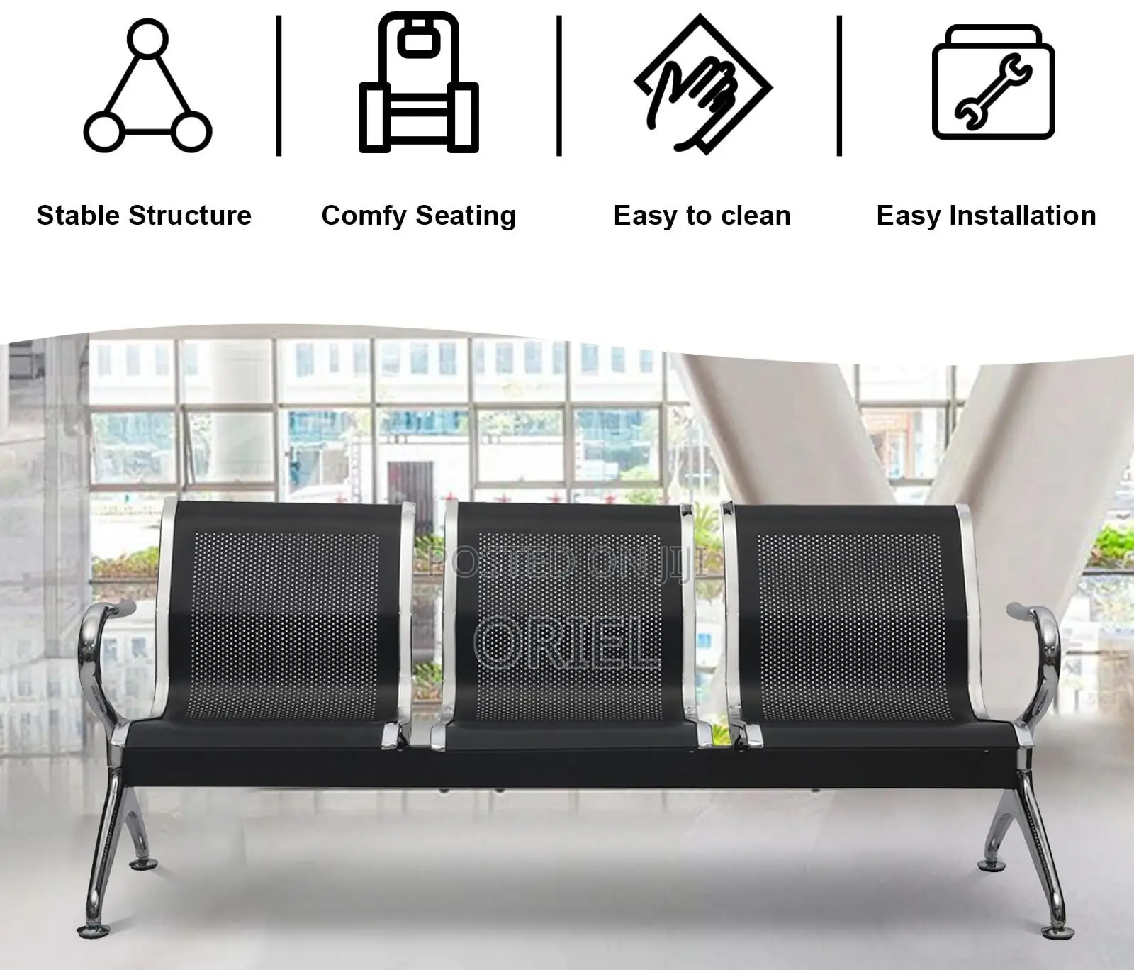 Office Bench : Office 3-Link Black Non-Padded Metallic Bench