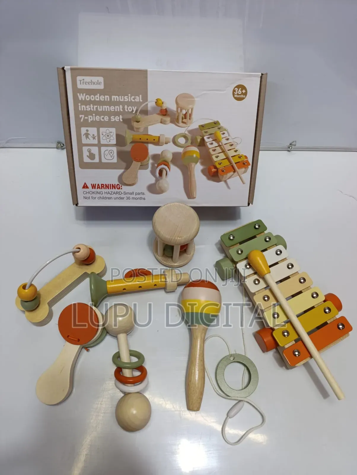 Wooden Musical Toy Set.
Xylophone
Clappers.
Beads Maze.Maraca.
Trumpet