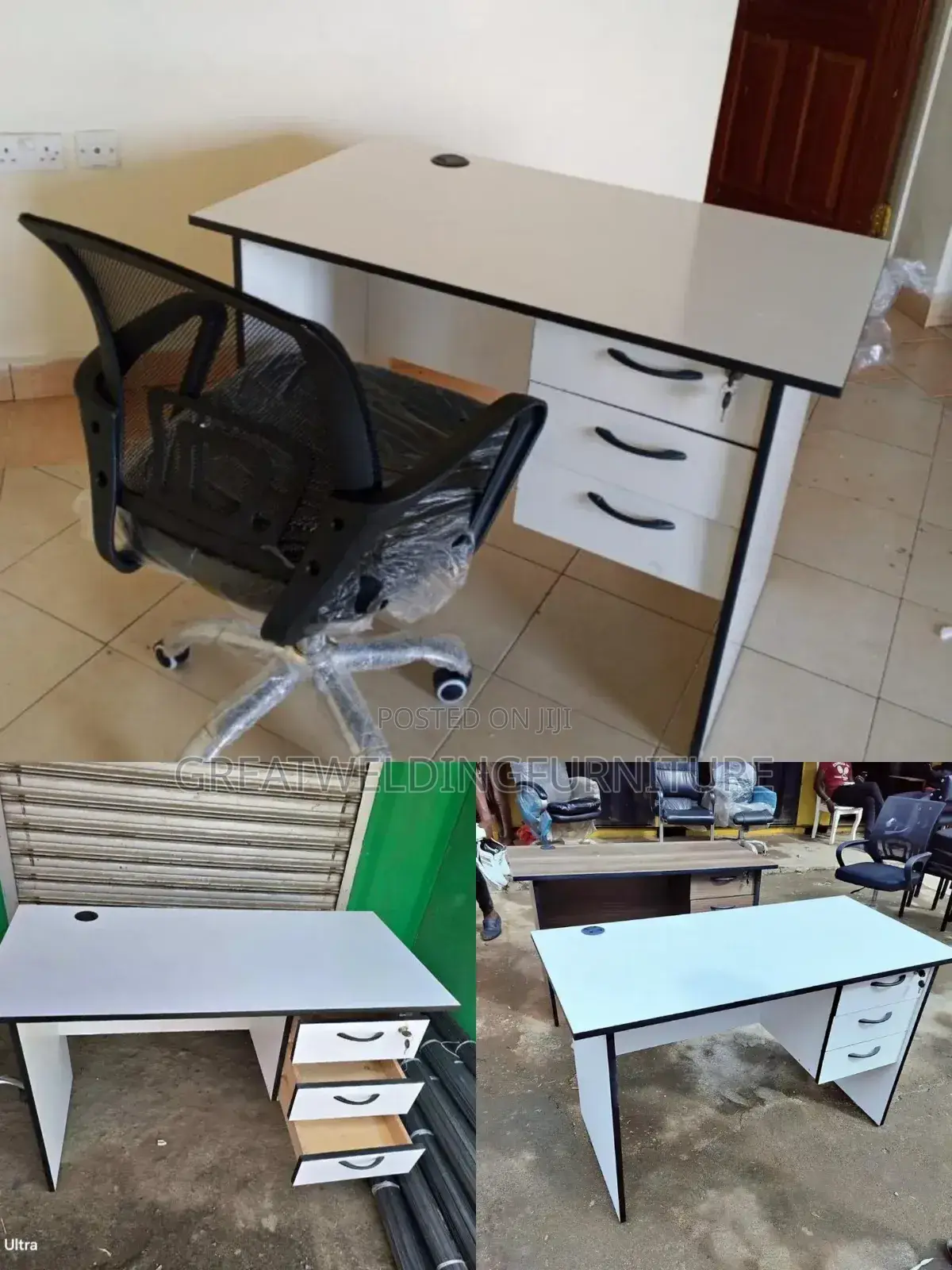 White Desk With Black Trap and Office Chair