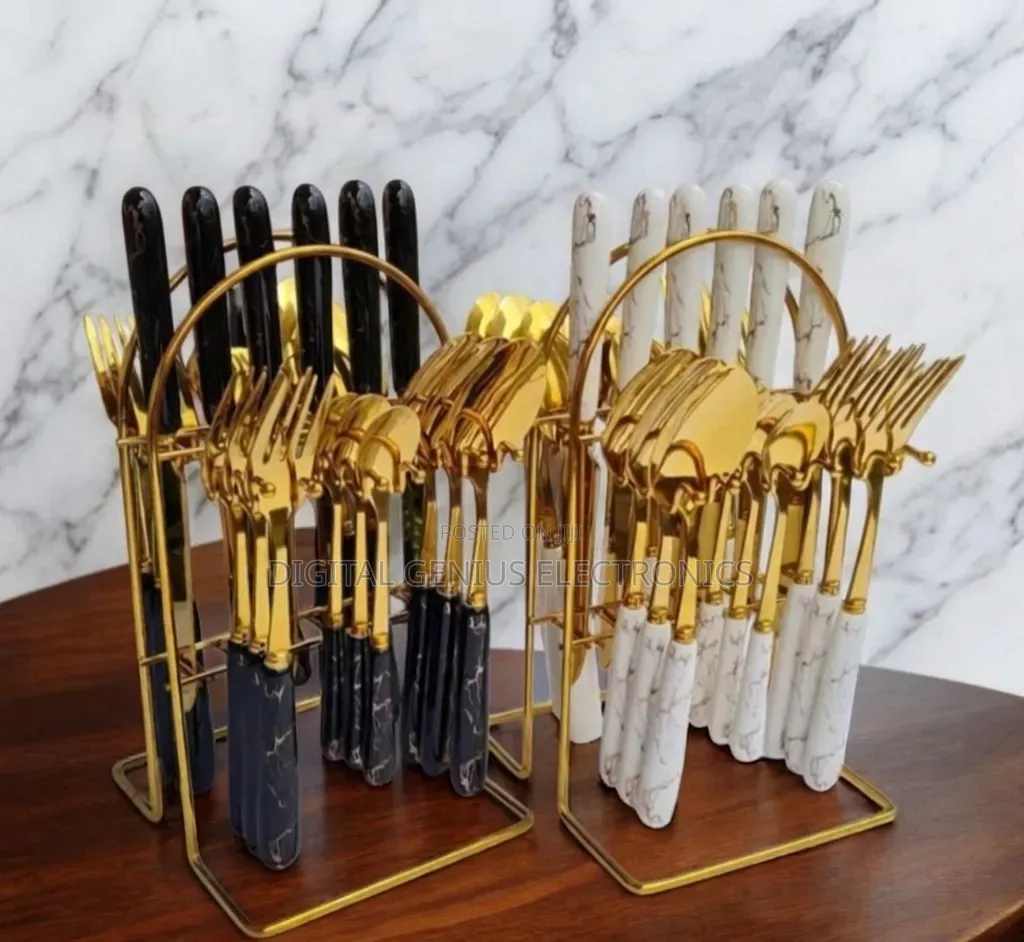 24pcs Black/White Marble Cutlery Set