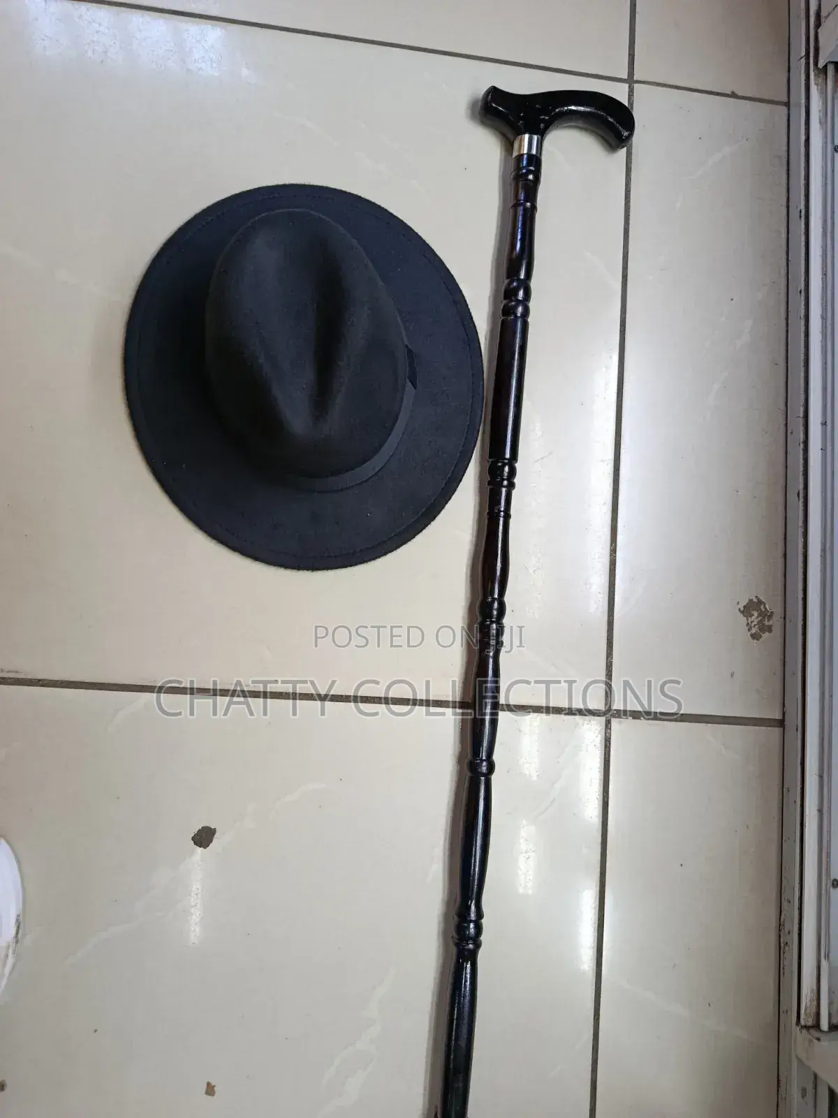 Black Fedora Hat With Walking Stick