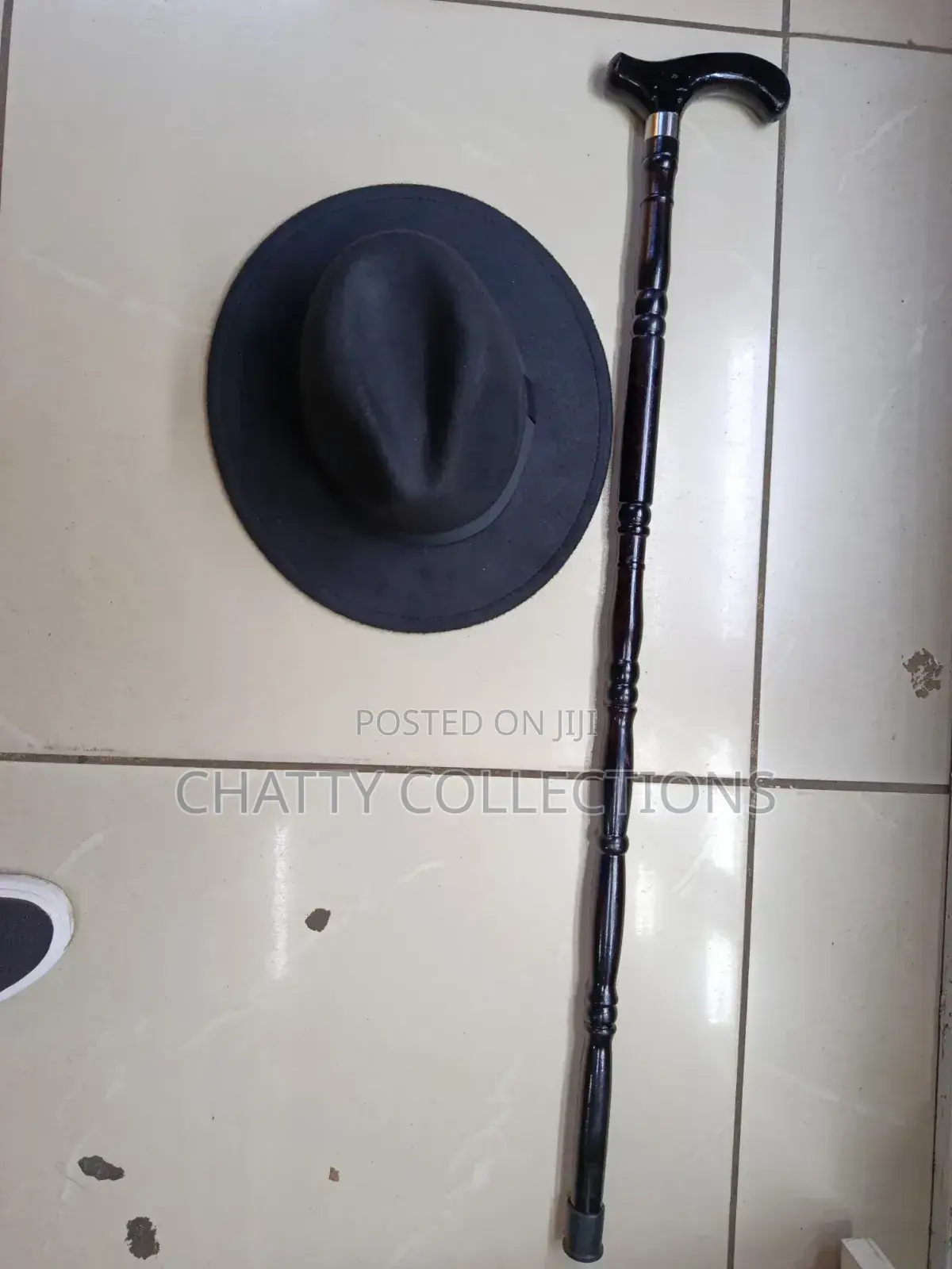 Black Fedora Hat With Walking Stick