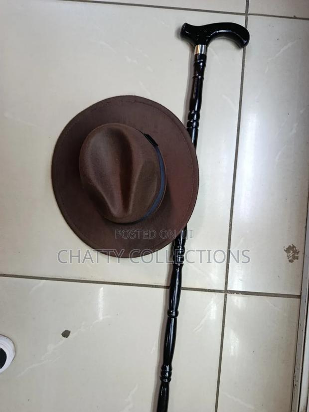 Dark Brown Unisex Fedora Hat With Walking Stick - thumbnail 2