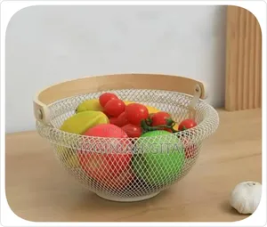 29cm Brim Rounded Mesh Fruit Basket With Bamboo Handle