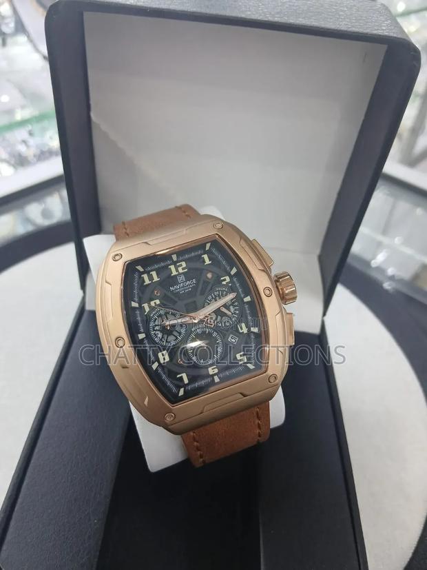 Gold Naviforce Gents Watches With Brown Leather Strap