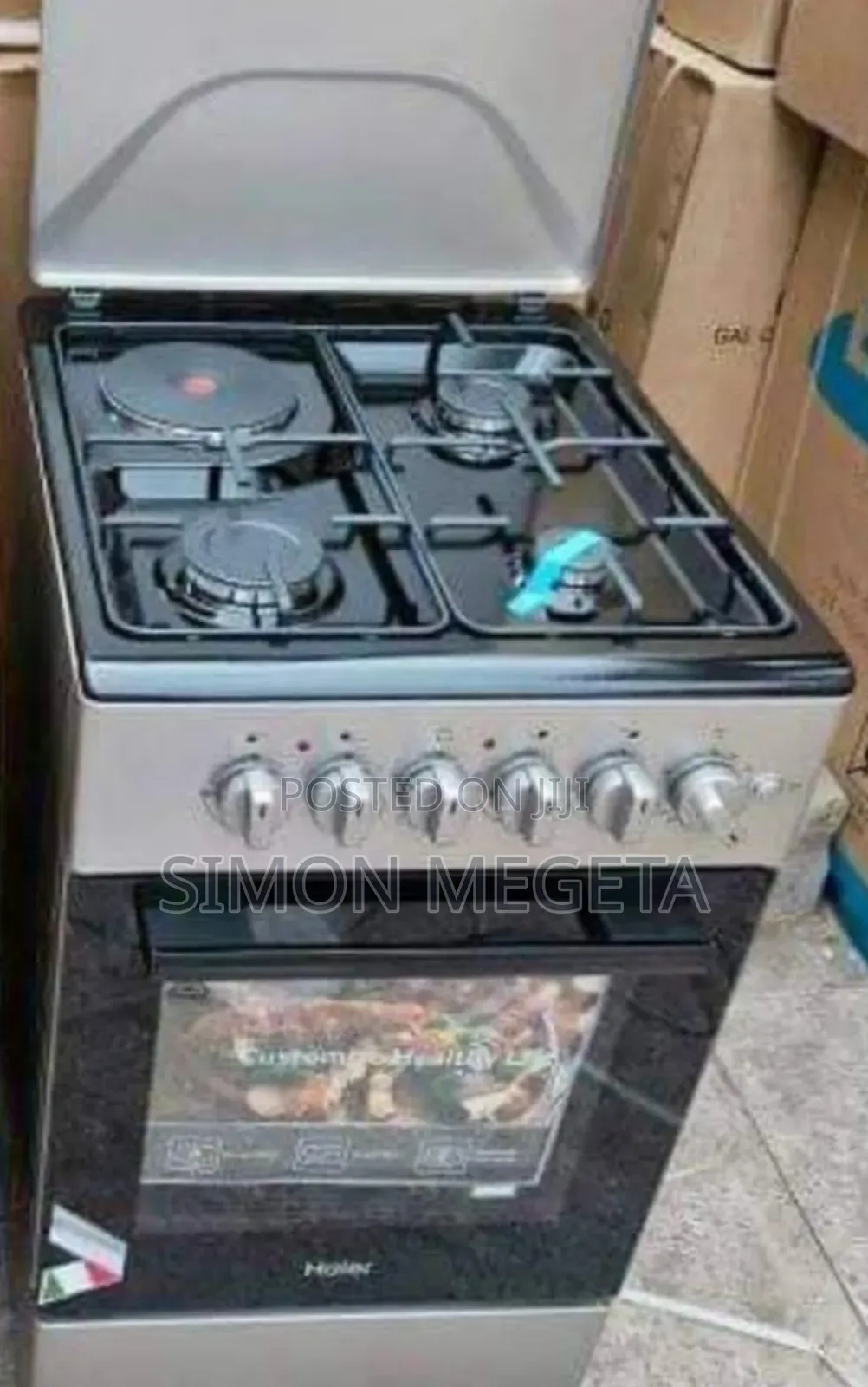Haier 50×60 Stove: 3 Gas Burners, 1 Electric Plate, Electric Oven.