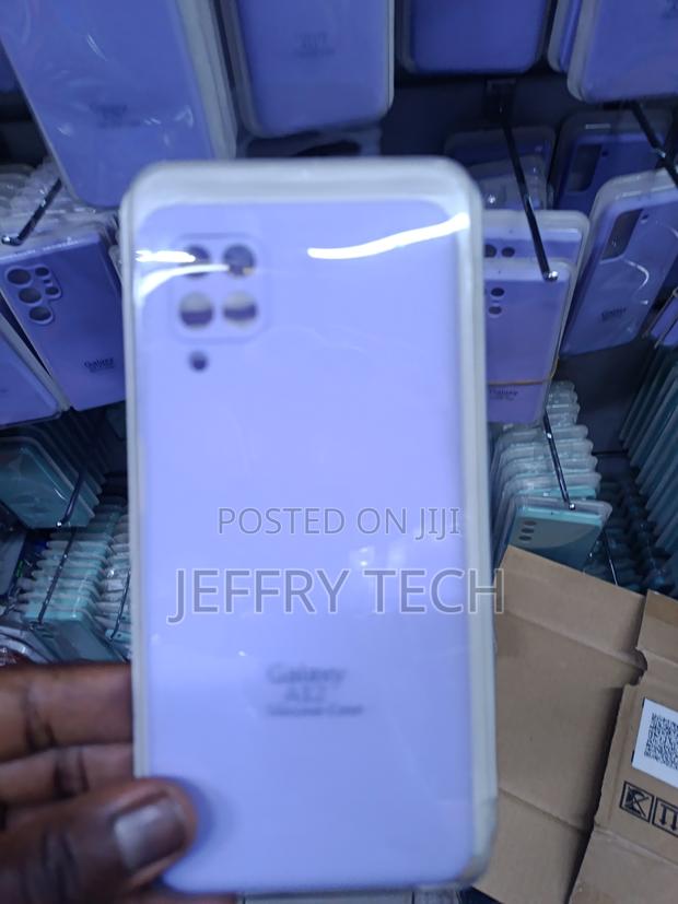 Samsung Galaxy A12 Smartphone in a Light Purple Protective Case.