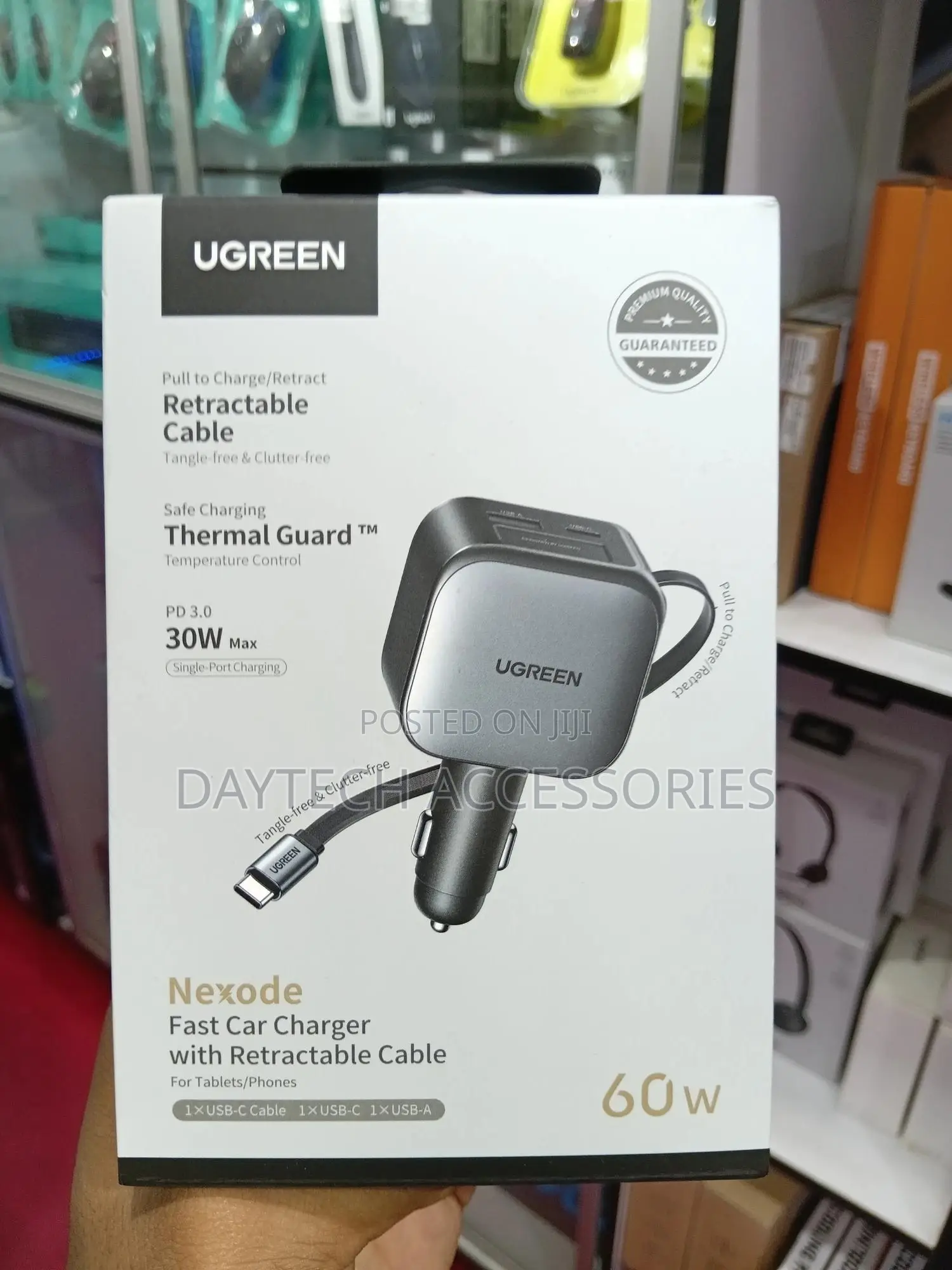 Ugreen 60w Nexode Fast Car Charger With a Retractable Cable.