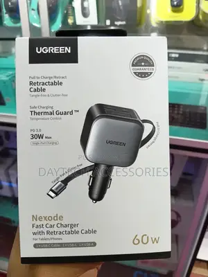 Ugreen Retractable Car Charger 60w With Built-in 30w Usb C Cable 70cm