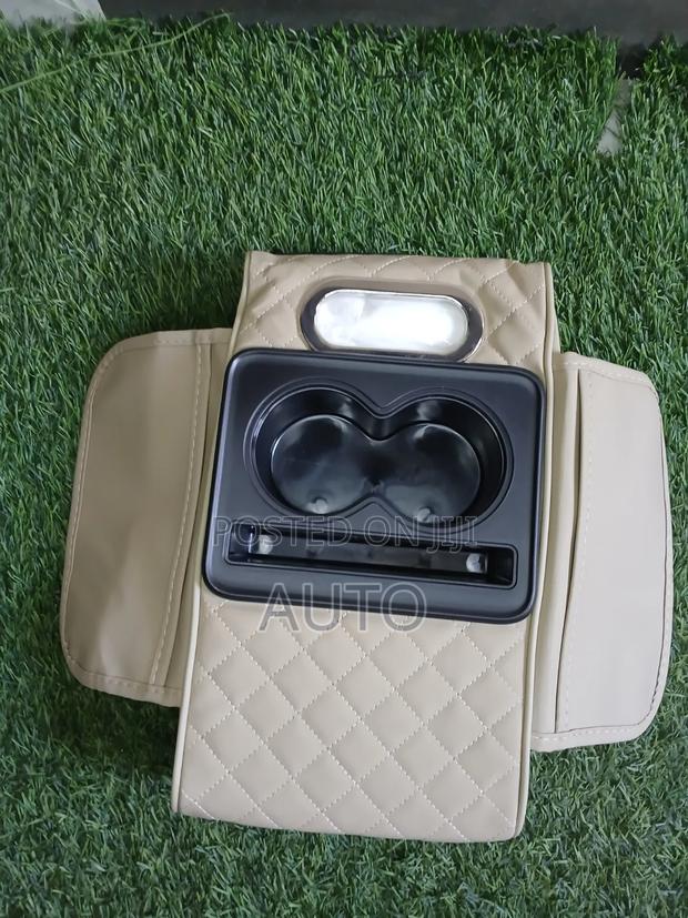 Car Armrest Organizer With Cup Holder – Leather Storage Console(Beige)