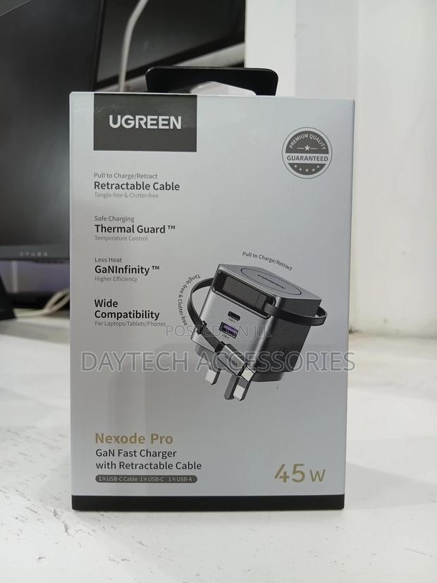Ugreen Nexode Pro 45w Gan Fast Charger With Retractable Usb-C Cable.