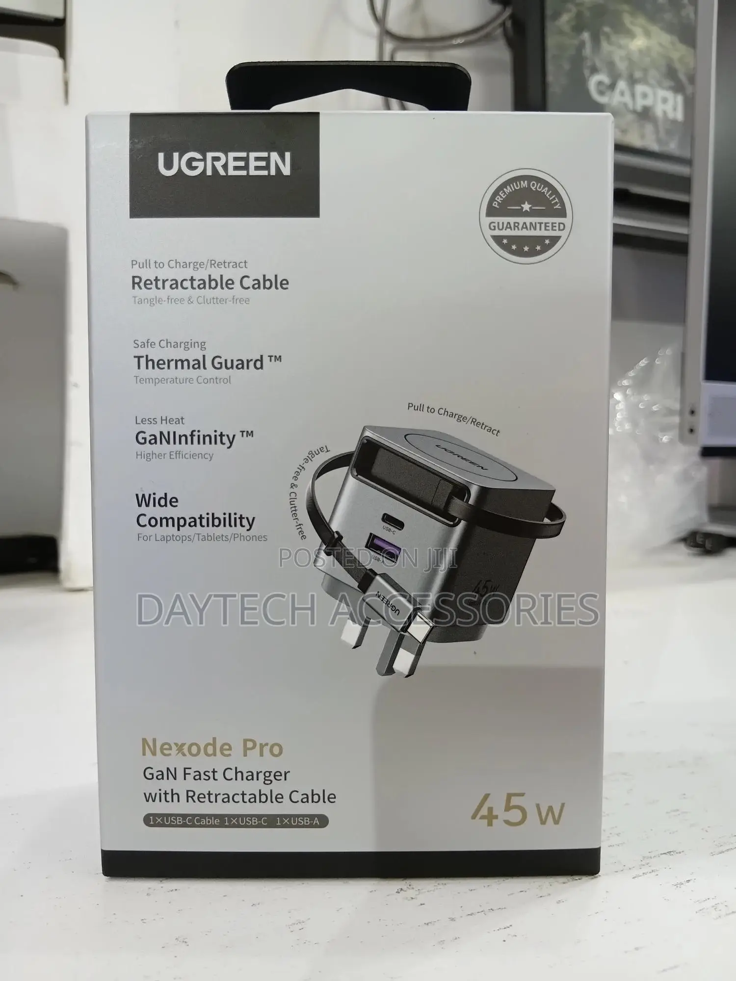 Ugreen Nexode 45w Charger With Retractable Usb-C Cable - Black