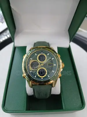Green and Gold Naviforce Round Face Gents Watches With Leather Straps