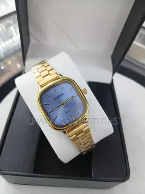 Gold Sky-Blue Unisex Square Casio Wrist Watches With Calendar