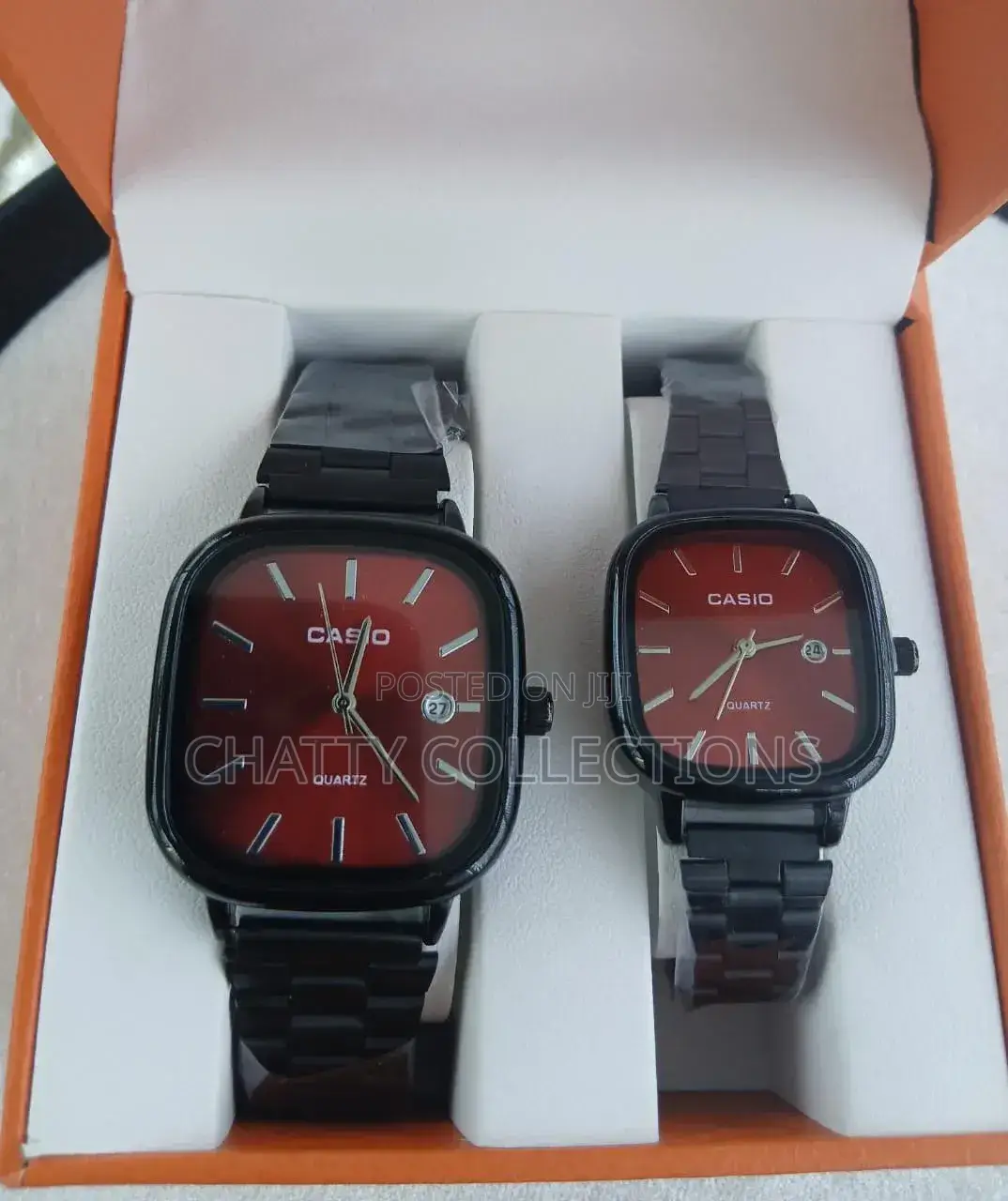 Black Red Unisex Square Casio Couple Watches With Calendar
