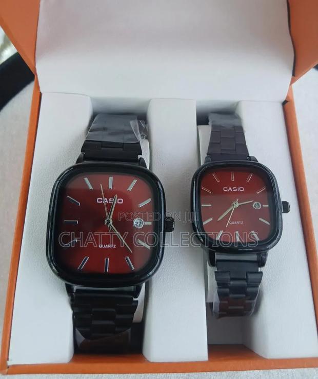 Black Red Unisex Square Casio Couple Watches With Calendar