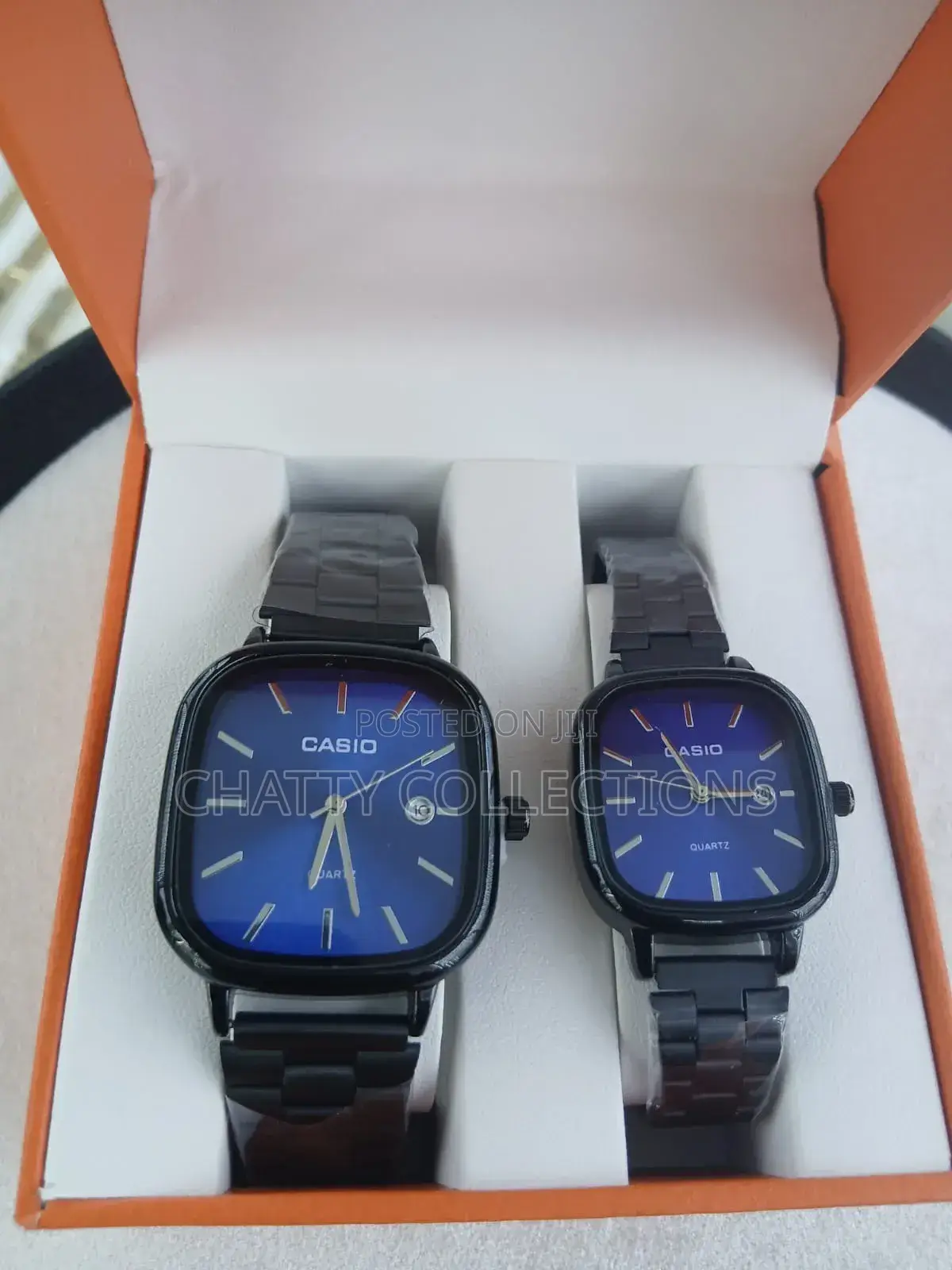 Black Blue Unisex Square Casio Couple Watches With Calendar