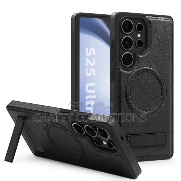 Black Magnetic Samsung Leather Phone Case With a Stand