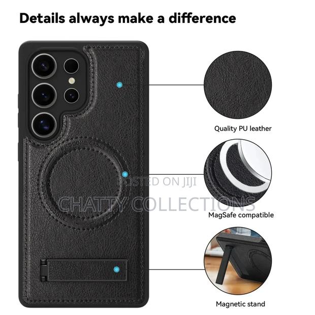 Black Magnetic Samsung Leather Phone Case With a Stand - thumbnail 2