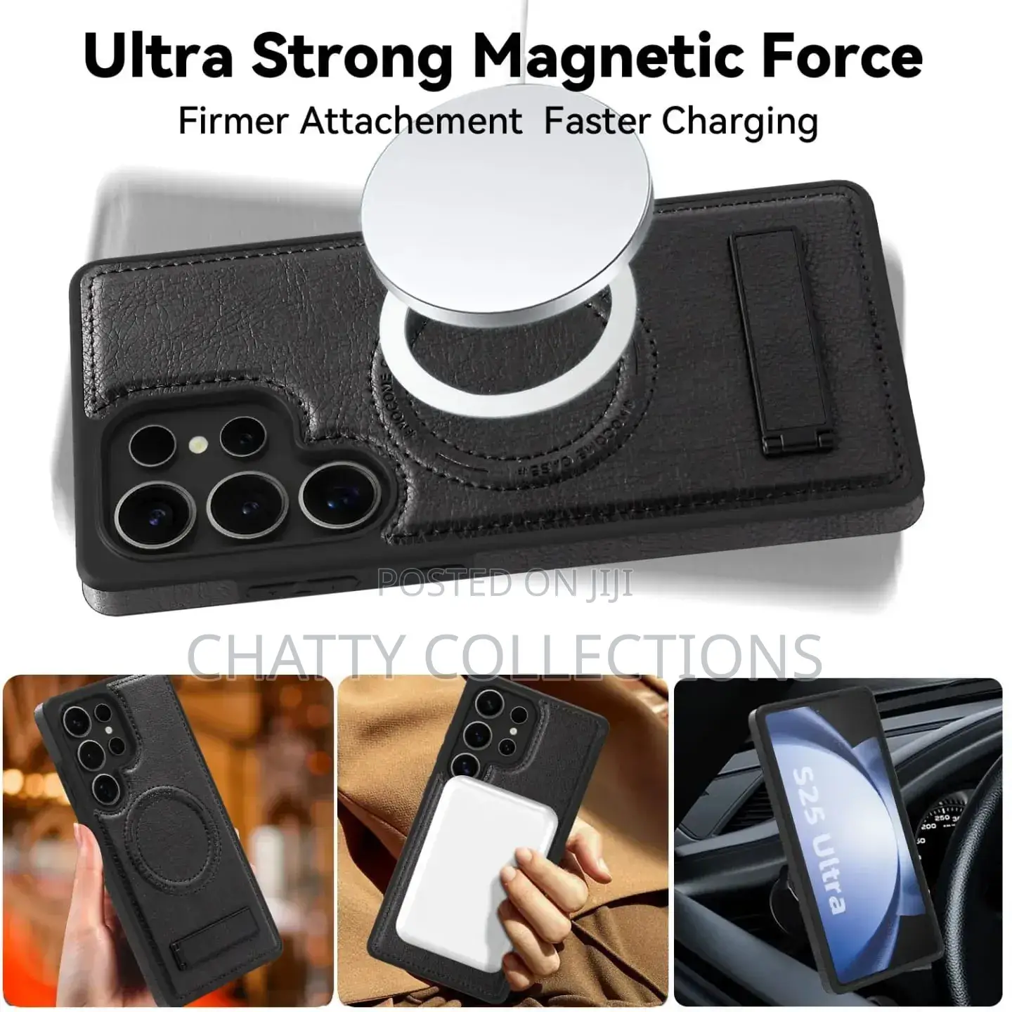 Black Magnetic Samsung Leather Phone Case With a Stand