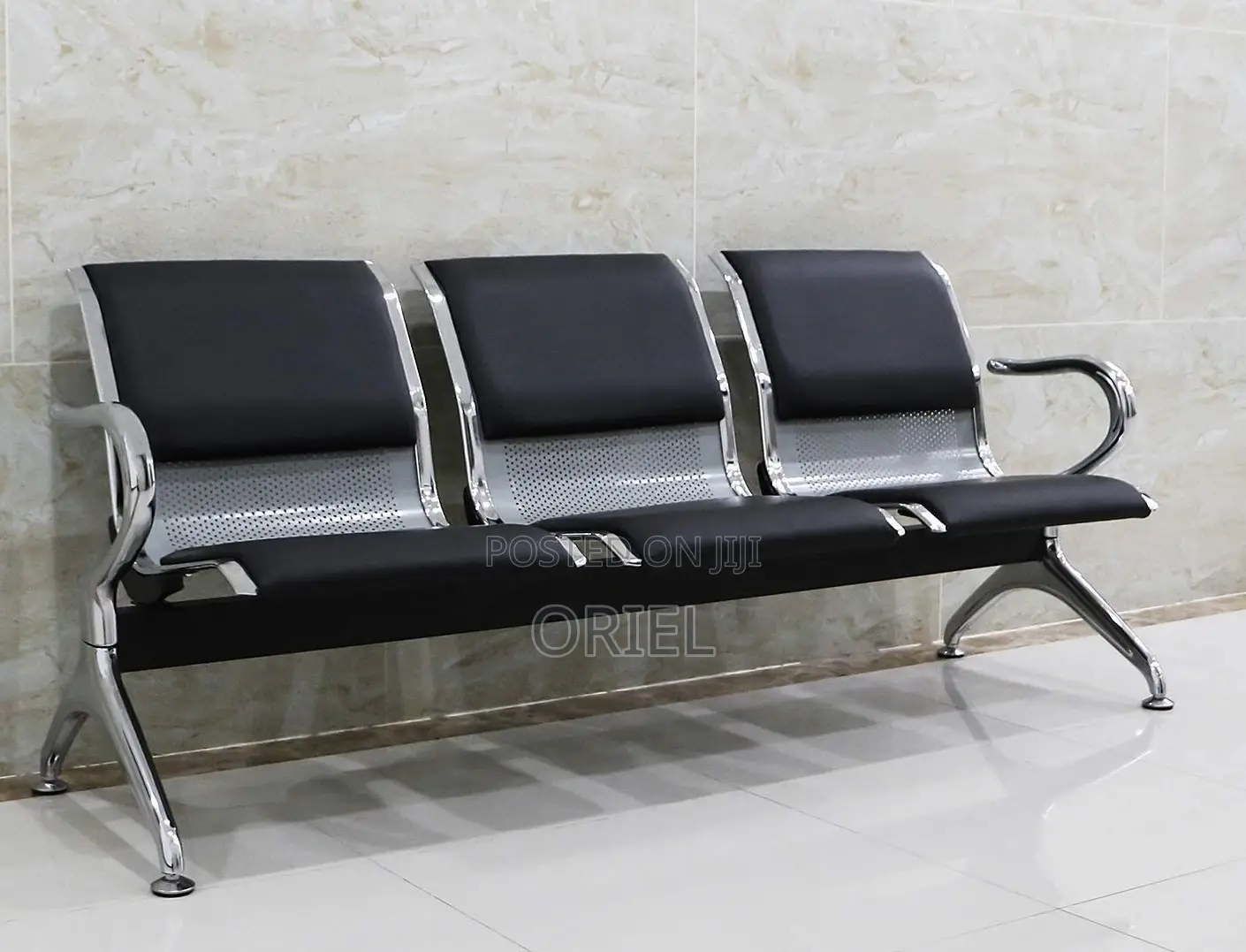 Office Bench : Black Pu Leather 3-Linked Office Waiting Bench