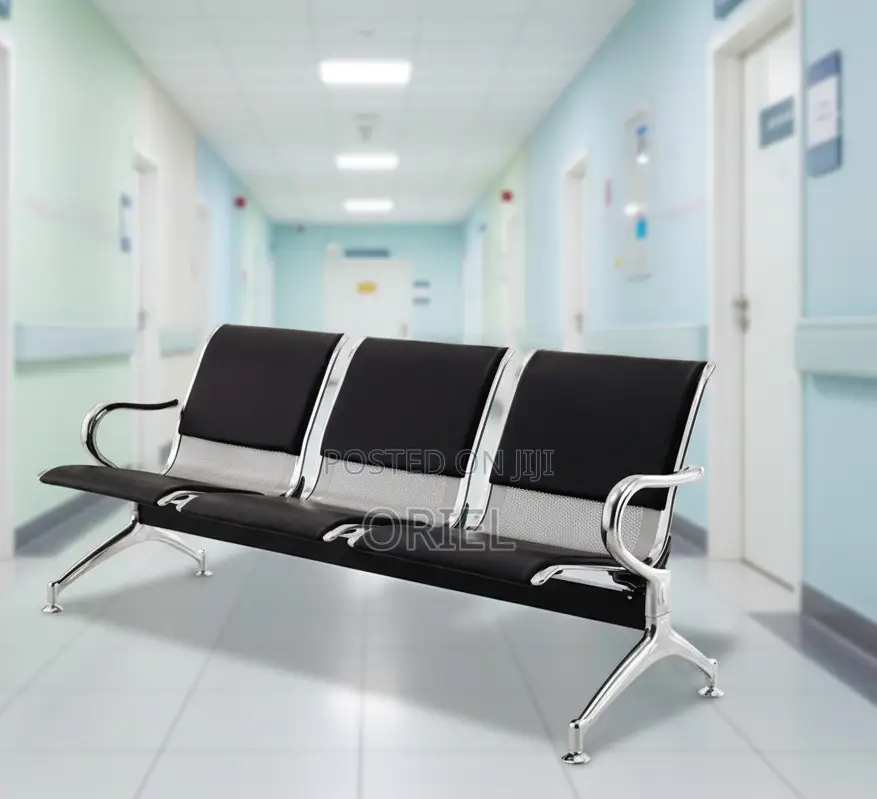 Office Bench : Black Pu Leather 3-Linked Office Waiting Bench