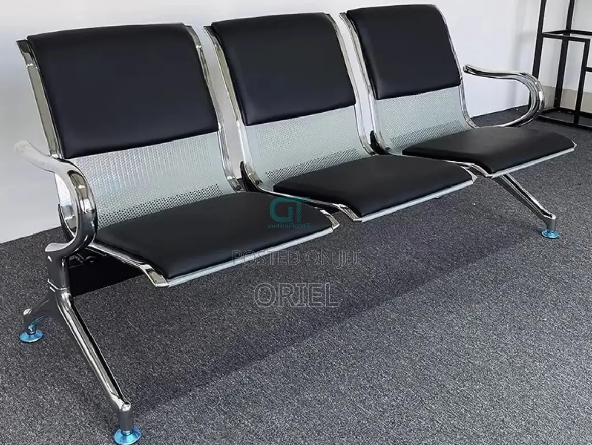 Office Bench : Black Pu Leather 3-Linked Office Waiting Bench