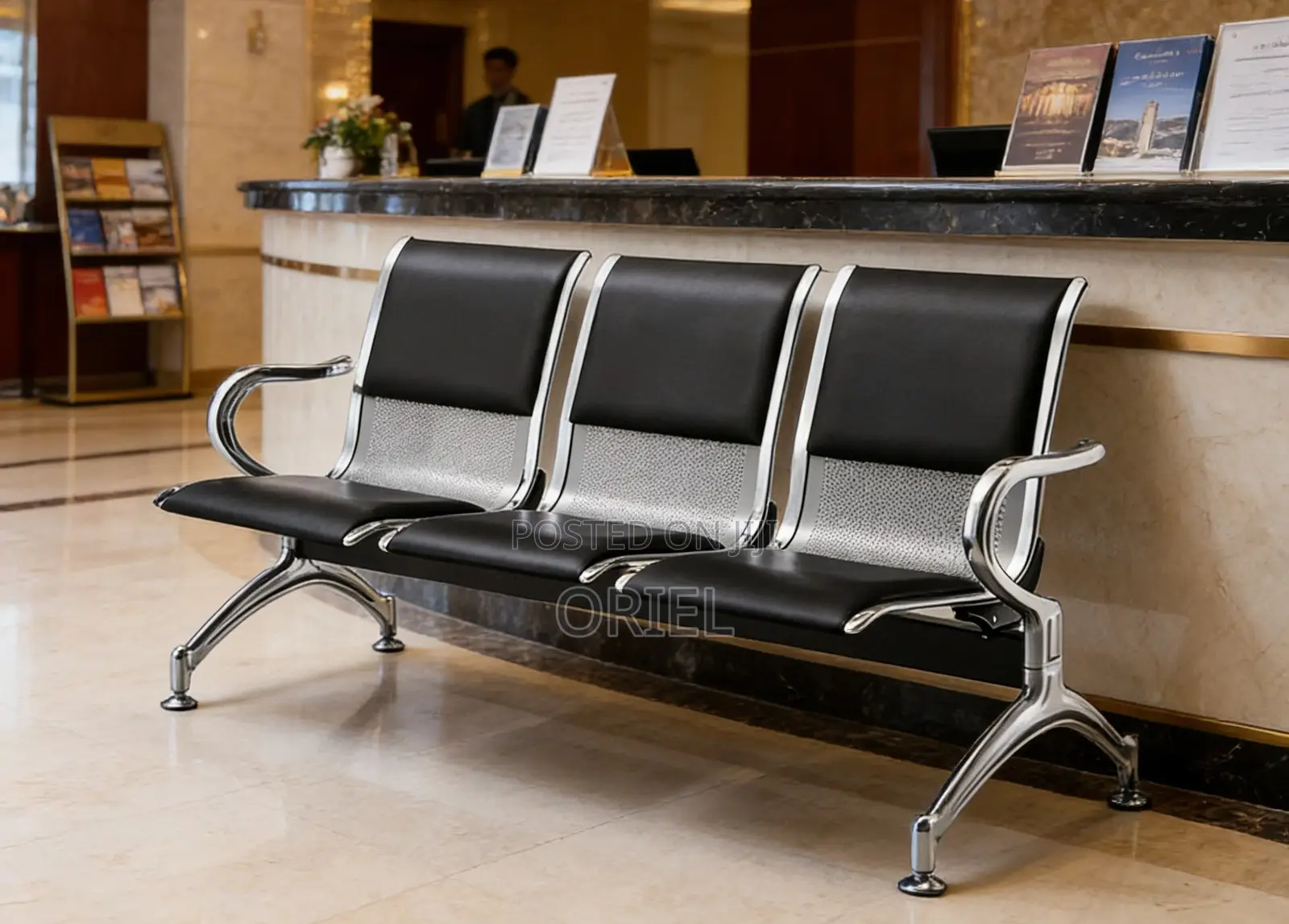 Office Bench : Black Pu Leather 3-Linked Office Waiting Bench