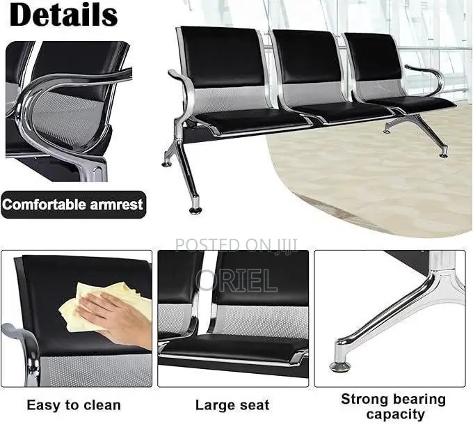 Office Bench : Black Pu Leather 3-Linked Office Waiting Bench