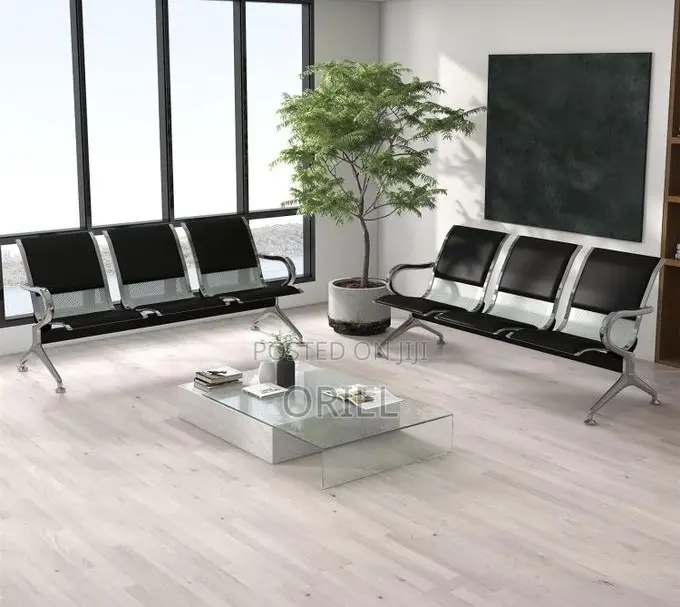 Office Bench : Black Pu Leather 3-Linked Office Waiting Bench