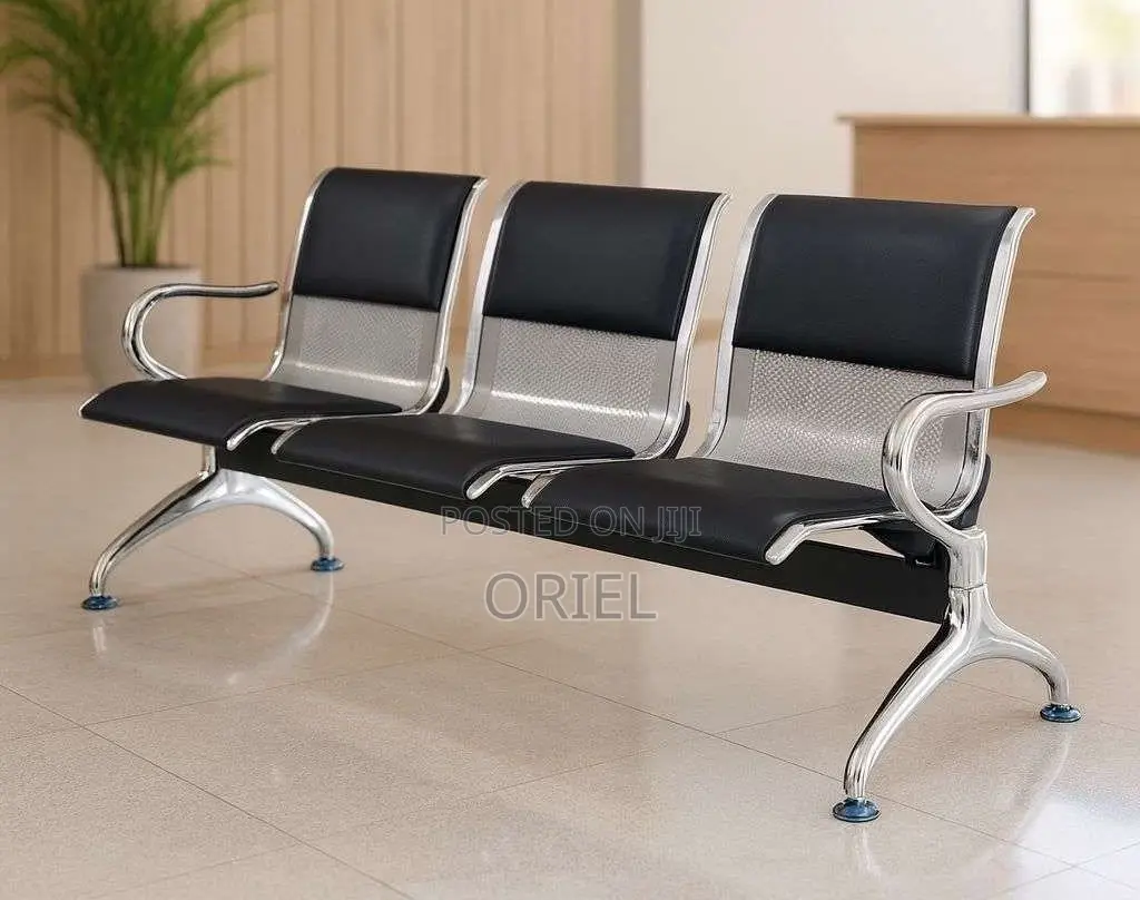 Office Bench : Black Pu Leather 3-Linked Office Waiting Bench