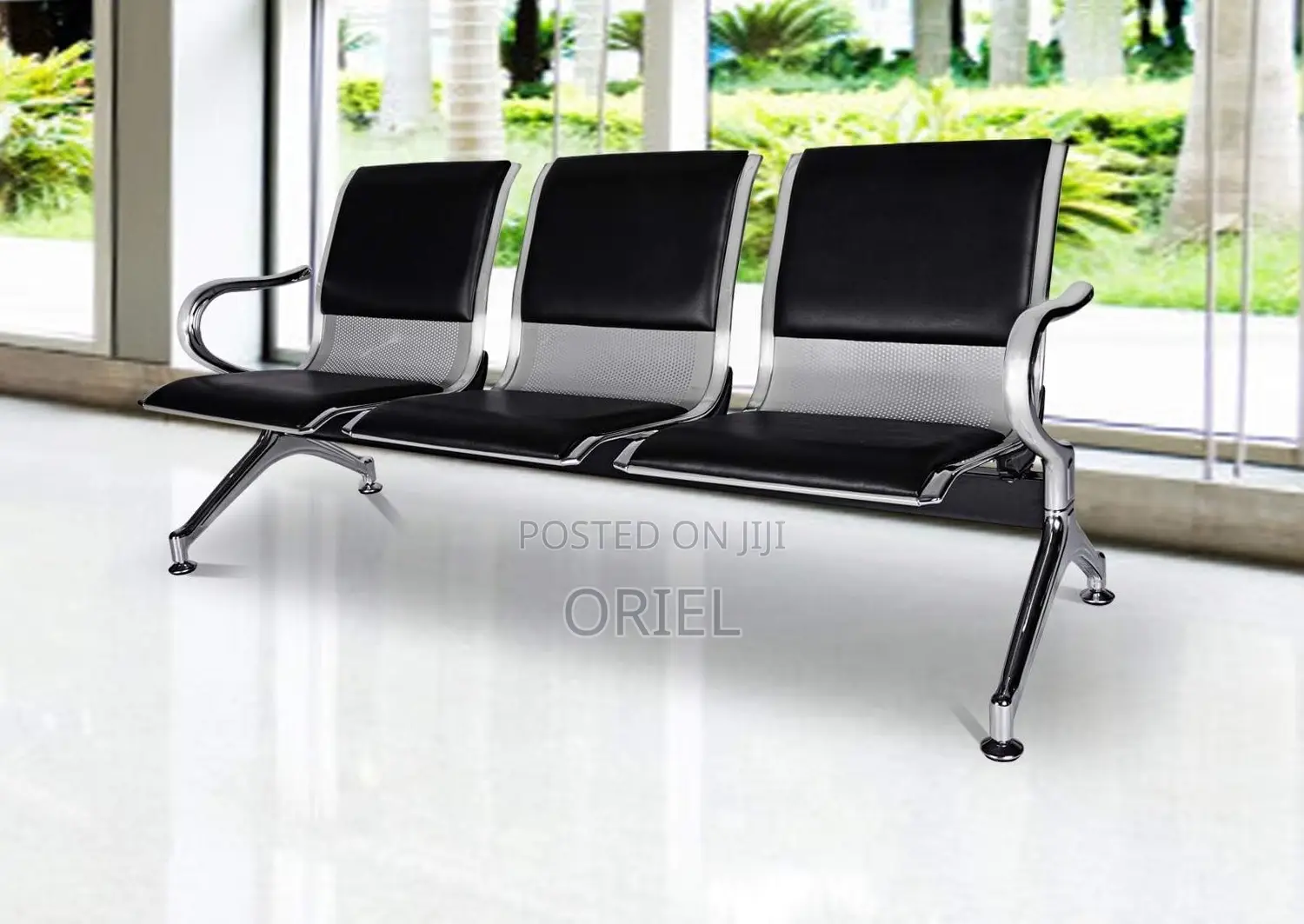 Office Bench : Black Pu Leather 3-Linked Office Waiting Bench