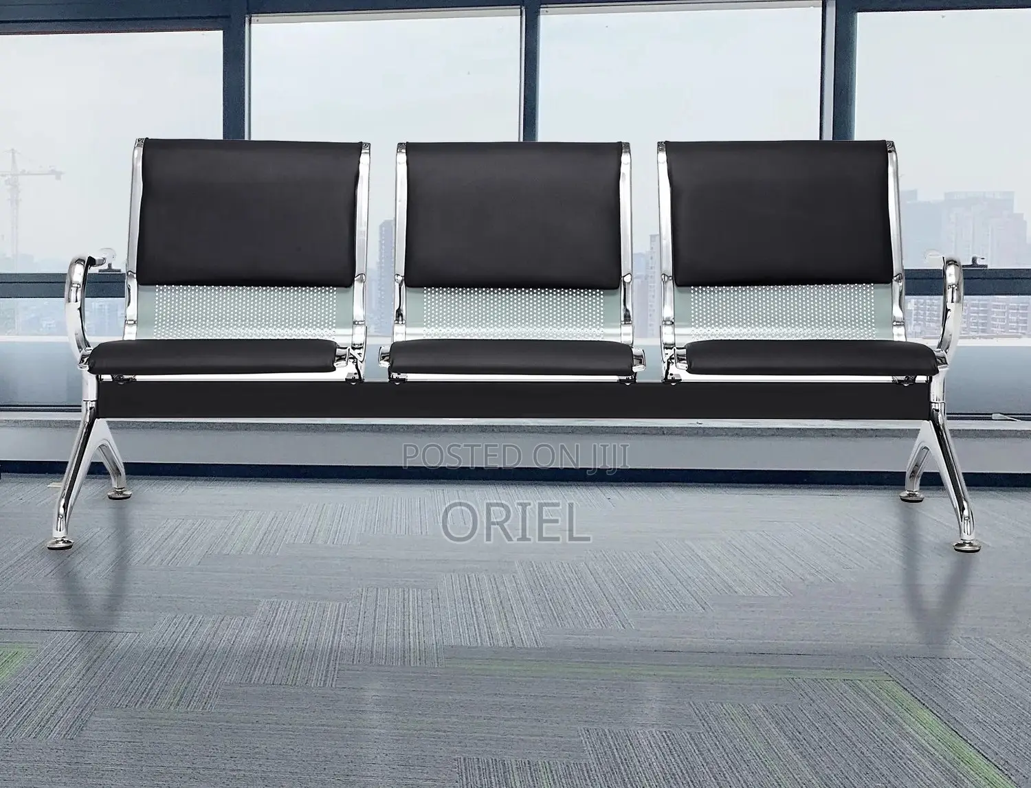 Office Bench : Black Pu Leather 3-Linked Office Waiting Bench