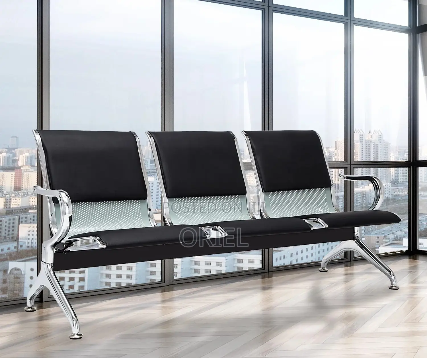 Office Bench : Black Pu Leather 3-Linked Office Waiting Bench