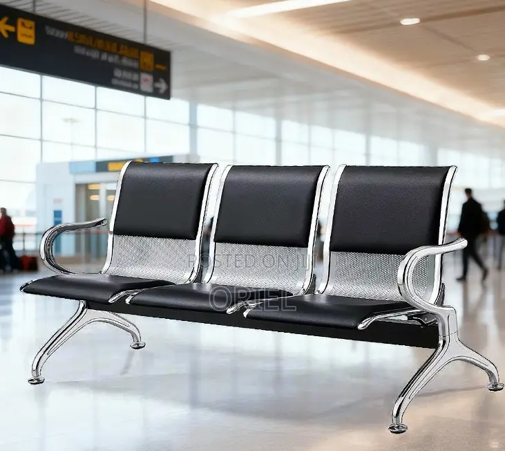 Office Bench : Black Pu Leather 3-Linked Office Waiting Bench