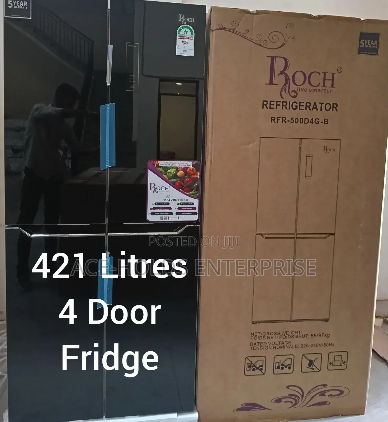 Roch 421 Litres Glass Designed Four Doors Fridge - Black