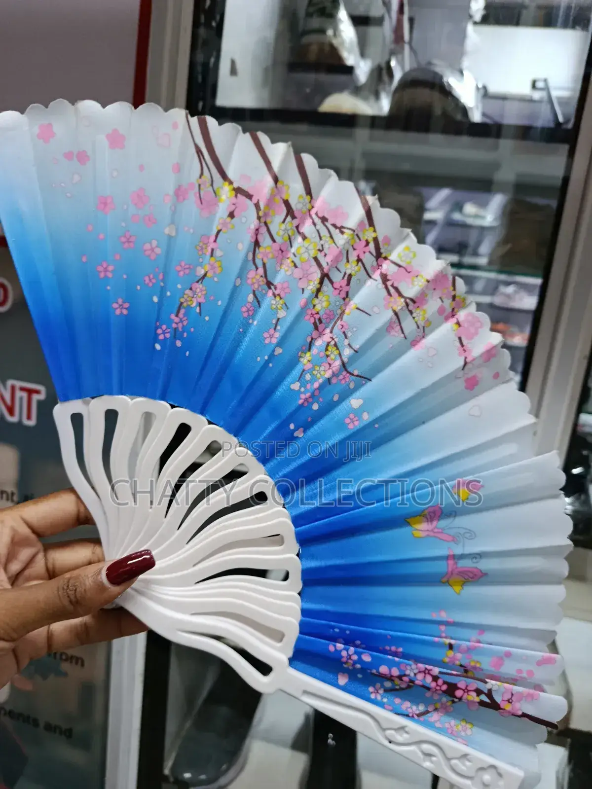 Blue and White Flowered Folding Ladies Hand Fans
