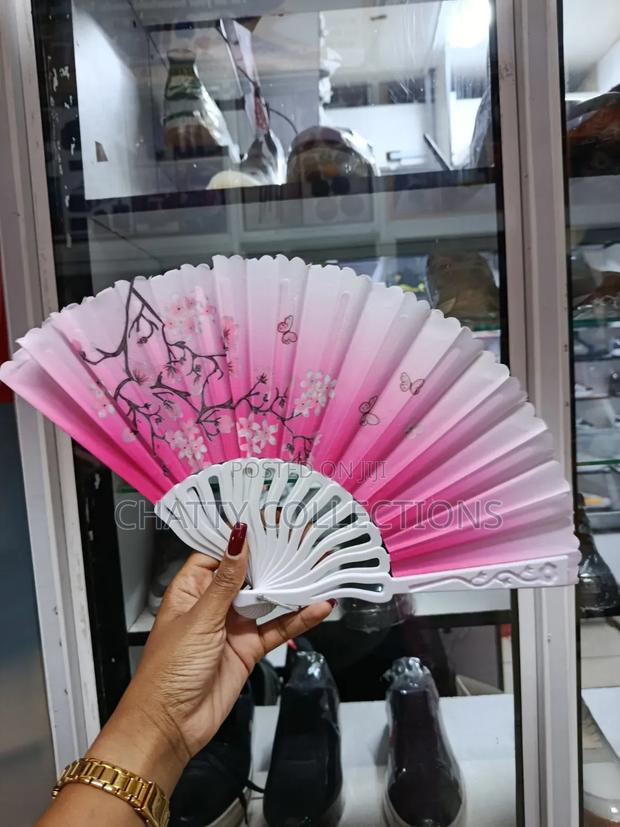 Pink and White Flowered Folding Ladies Hand Fans - thumbnail 2